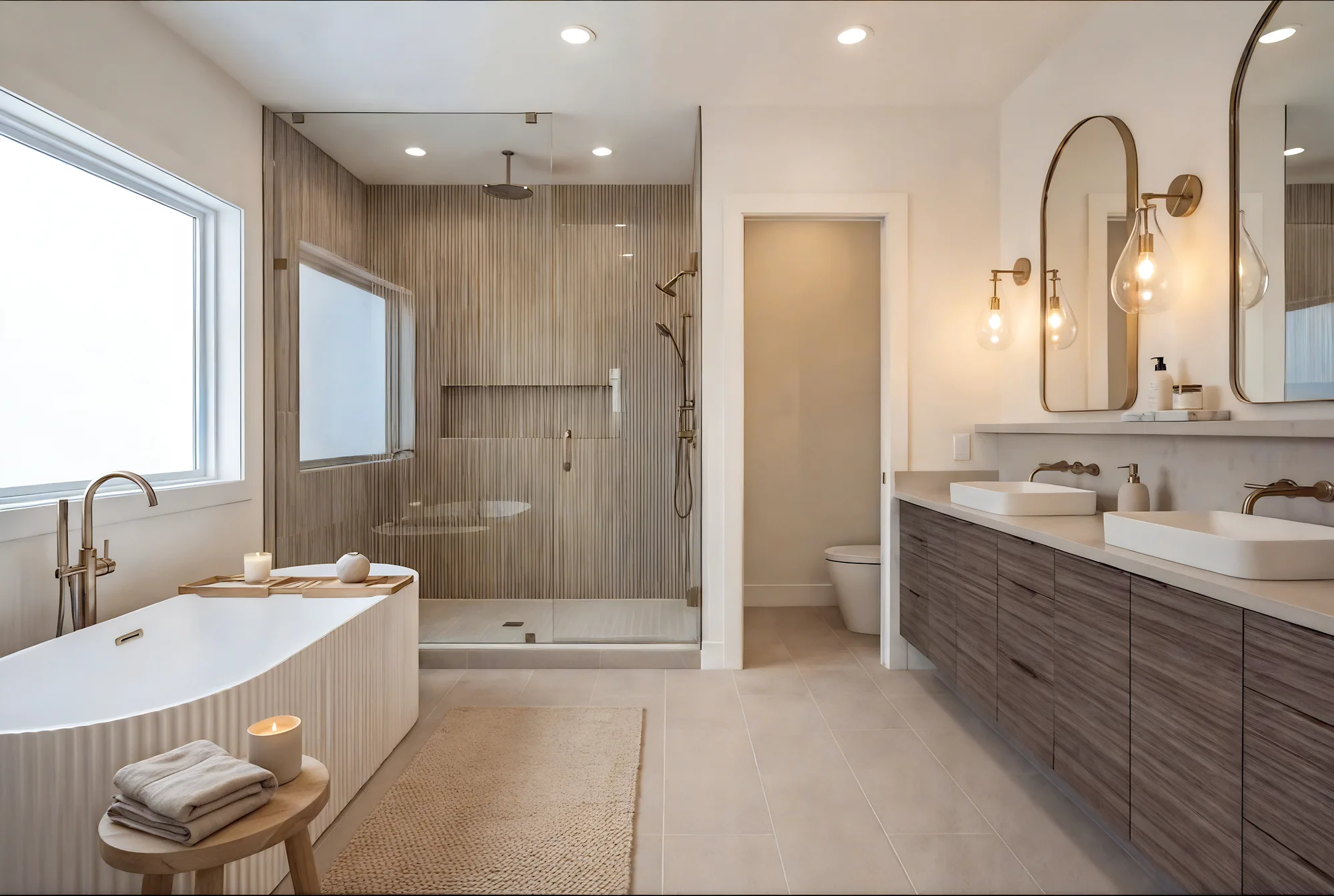 The primary bathroom at 2578 Clubhouse Drive West: a freestanding tub under a corner window, a fluted-tile walk-in shower, and a double vanity beneath arched mirrors