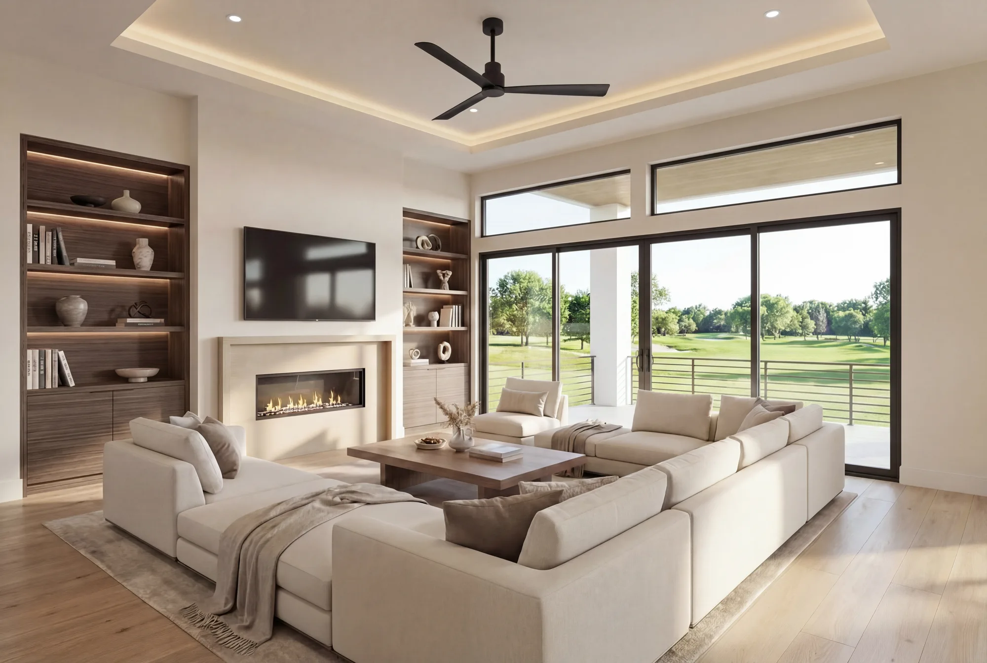 The same room as conceived: a linear fireplace between walnut built-ins, sectional seating, and a wall of glass onto the golf course