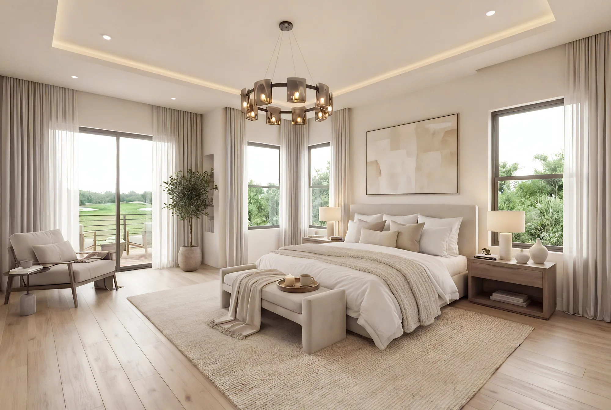 The same room as conceived: a tray ceiling with cove lighting, a bed against the far wall, and the golf course through the glass