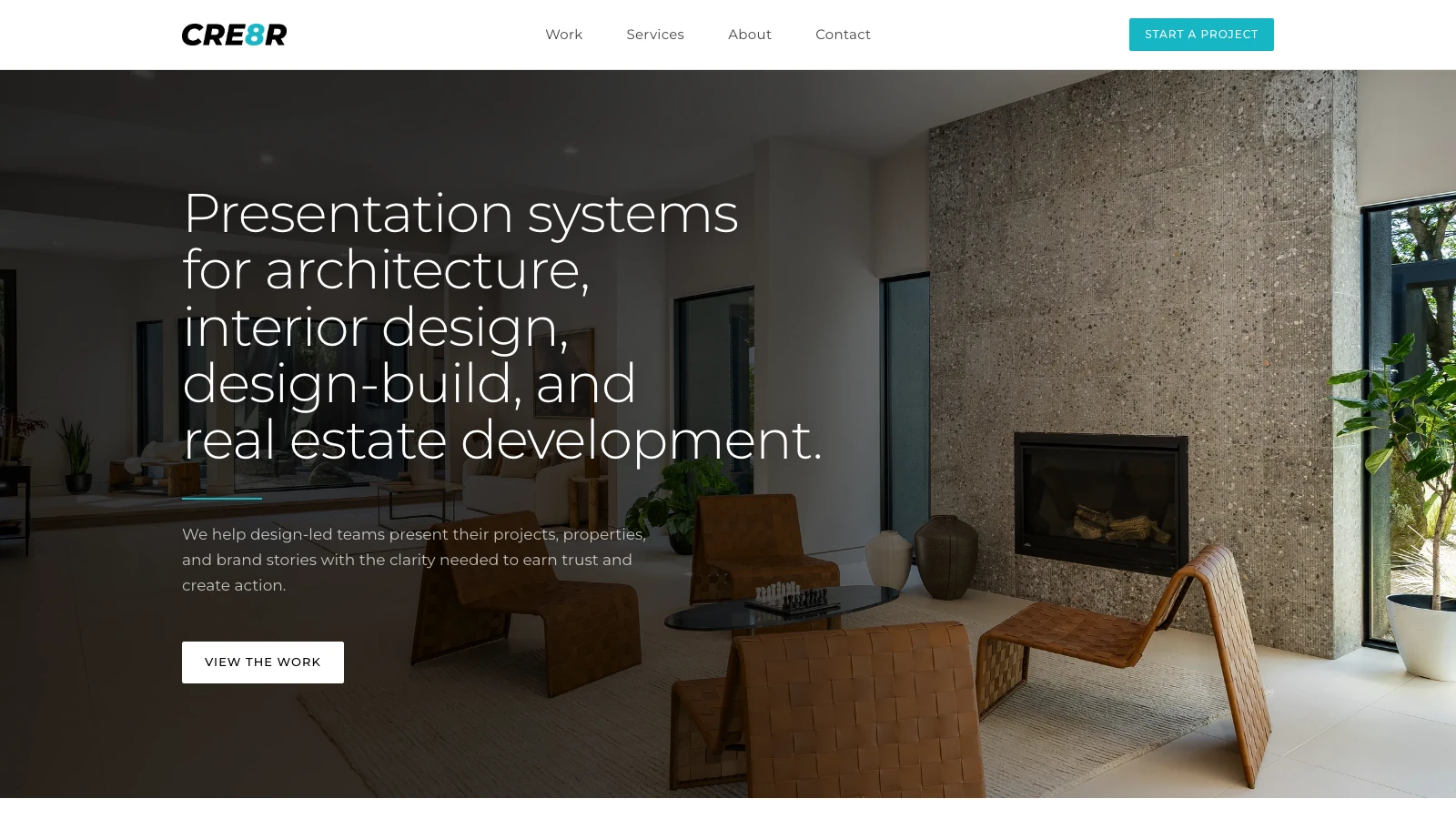 The CRE8R home page: 'Presentation systems for architecture, interior design, design-build, and real estate development' set over a finished interior