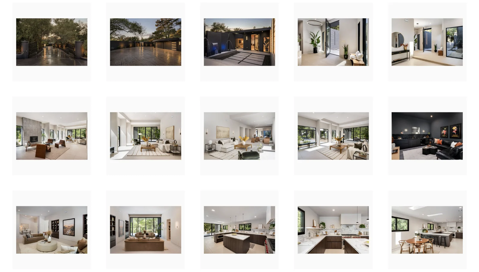 A delivery gallery: fifteen near-identical thumbnails of one house, laid out five to a row in upload order