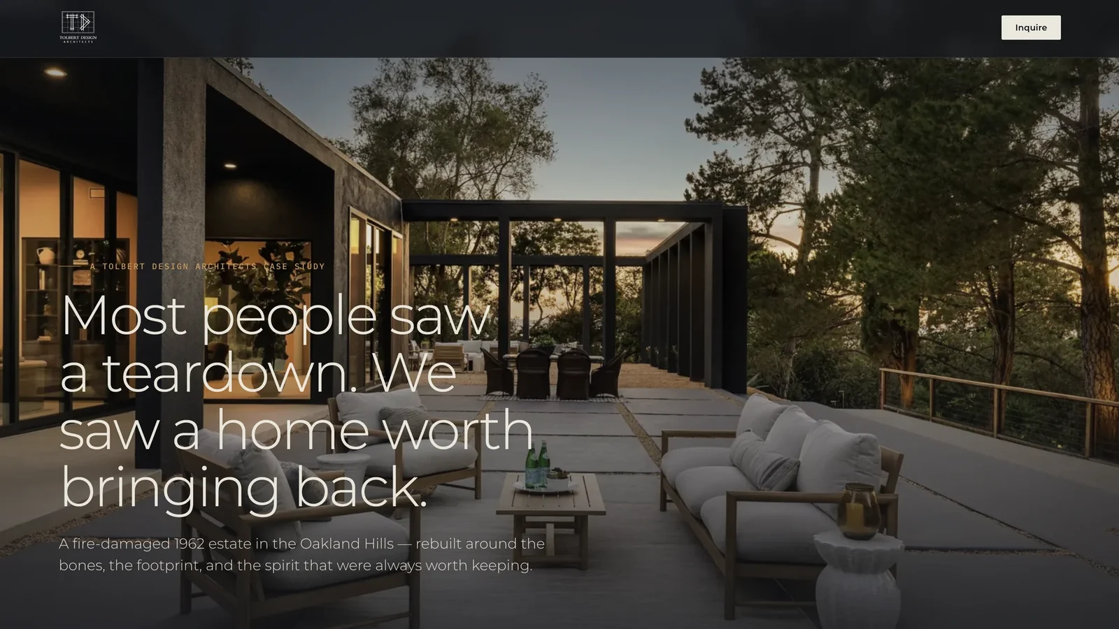 theoaklandestate.com: a project site headlined 'Most people saw a teardown. We saw a home worth bringing back.' over a twilight terrace