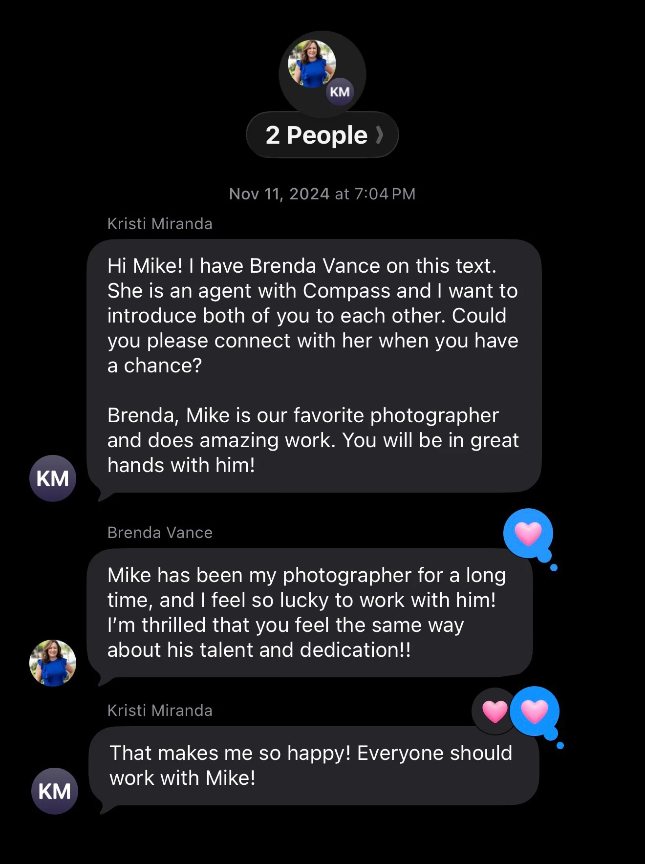 Group text in which Kristi introduces Mike to Brenda, an agent at Compass, describing him as “our favorite photographer” who does amazing work. Brenda replies that Mike has been her photographer for a long time and that she feels lucky to work with him.
